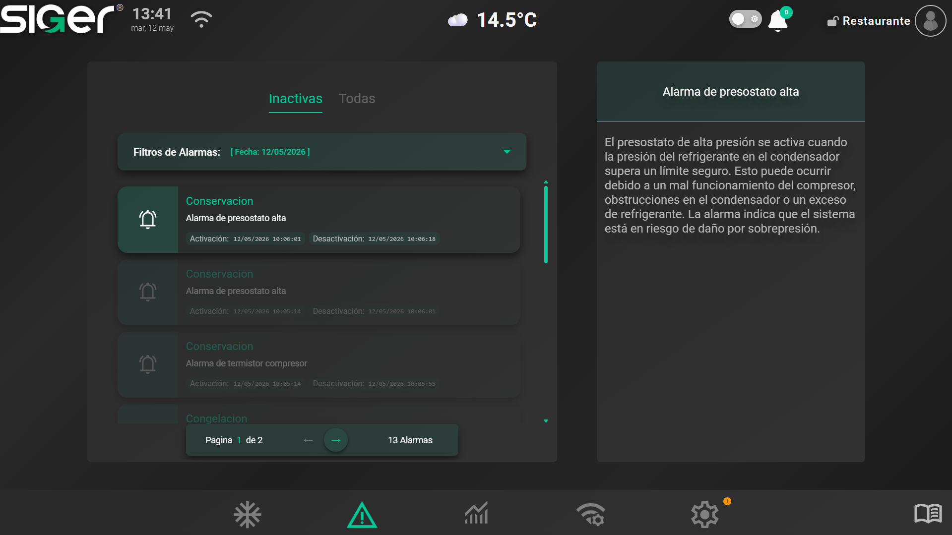 Captura SIGER AppDesktop mostrando Alarmas