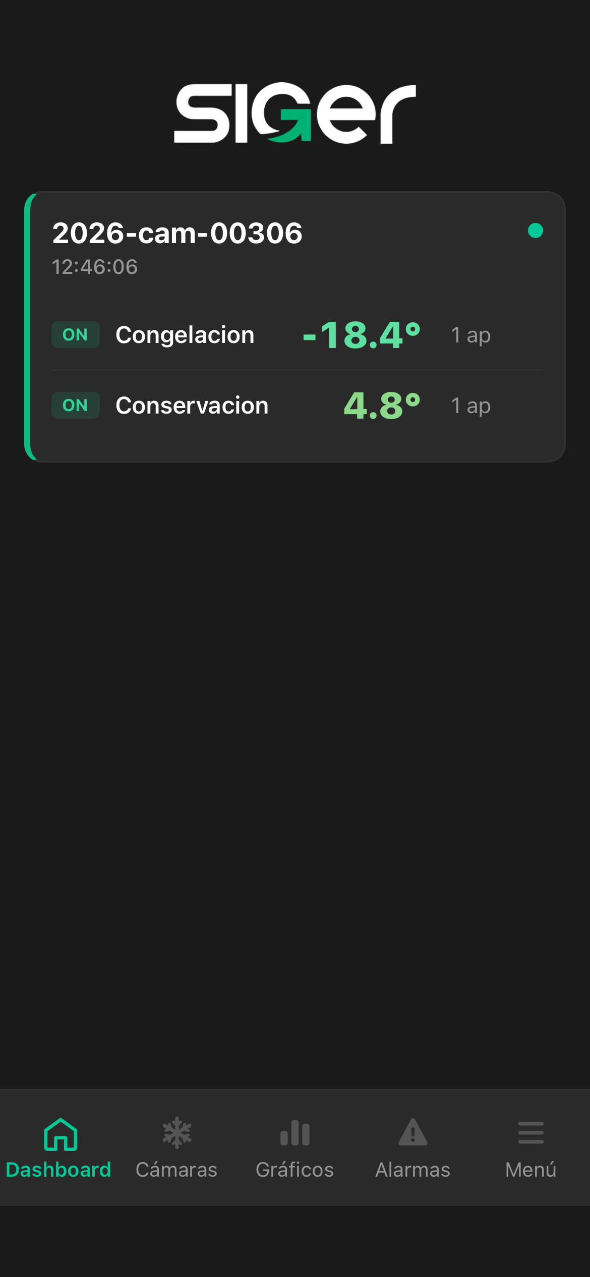 App SIGER móvil iOS mostrando dashboard de cámaras frigoríficas